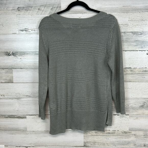 Tahari Linen Sweater Women’s M Gray 3/4 Sleeve Pullover Knit Coastal Lagenlook - Picture 4 of 6
